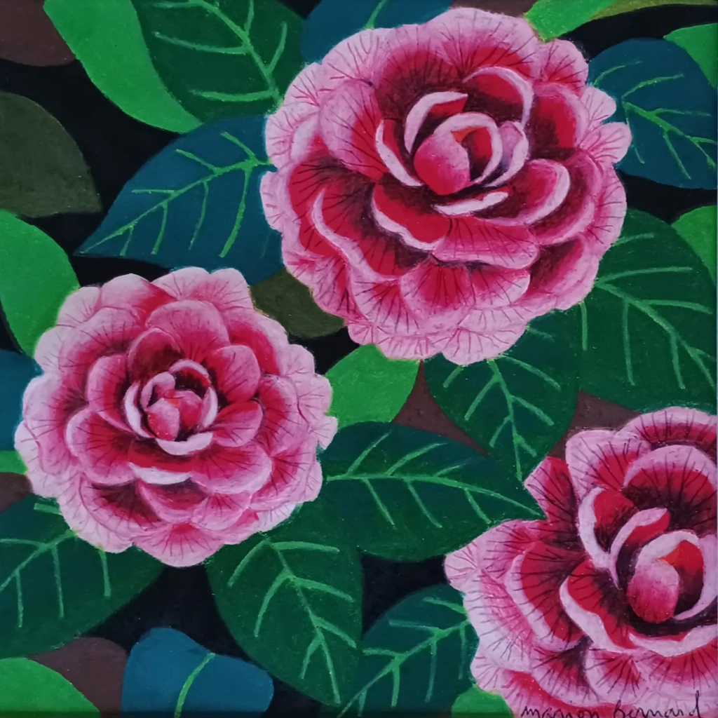 Camelias - Crayons de couleur sur papier - 30x30